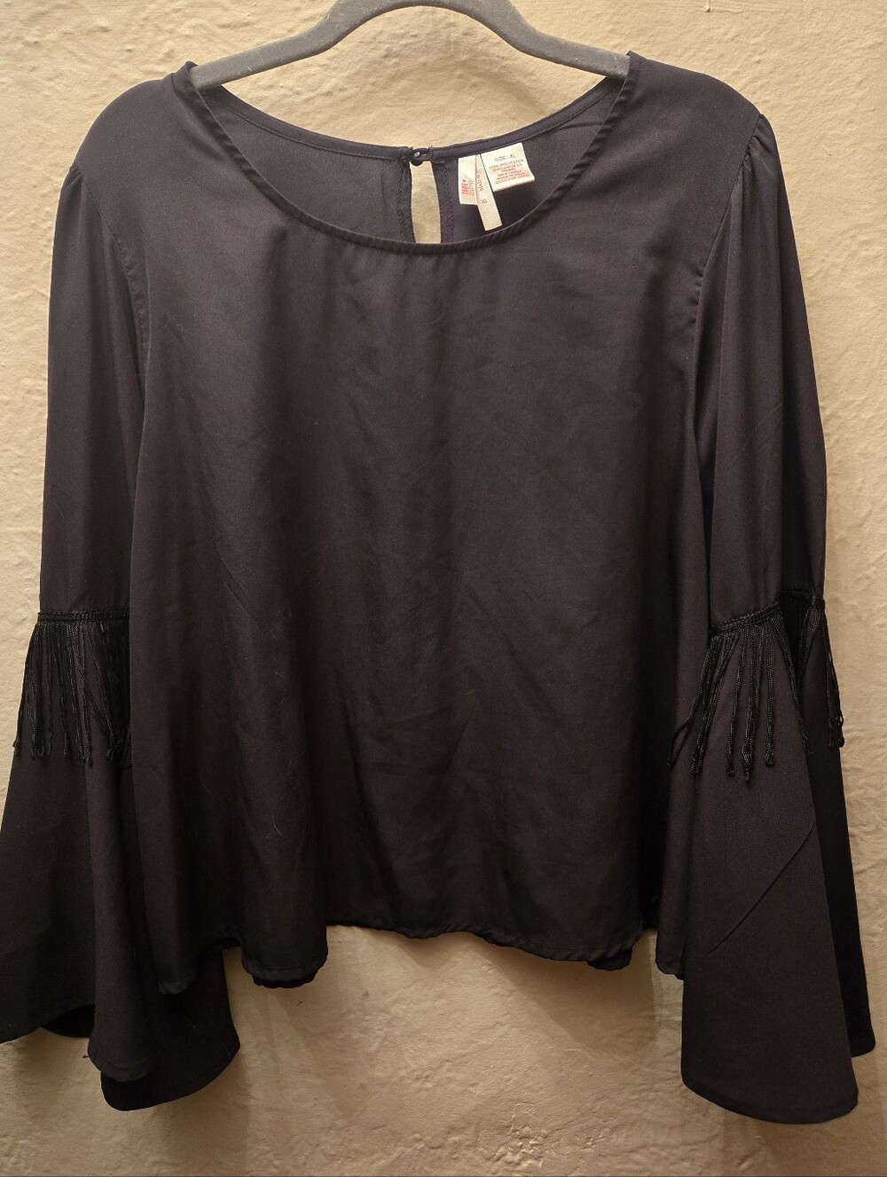 Black Fringe Bell Sleeve Blouse XL Boho Goth